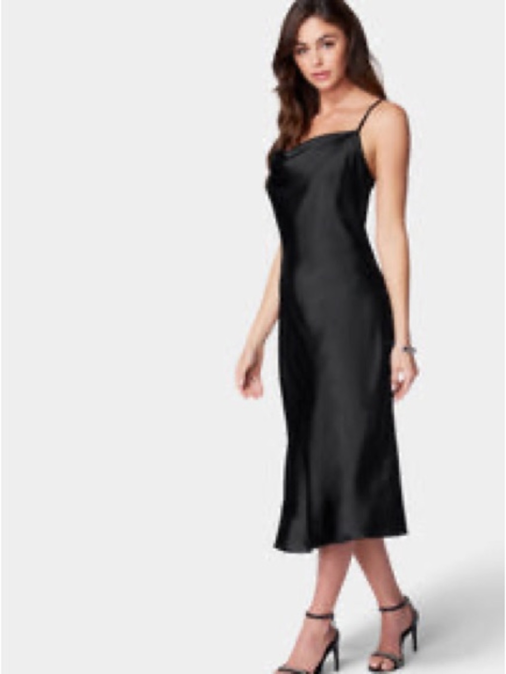 bebe Black Satin Slip Midi Dress with Spaghetti Straps